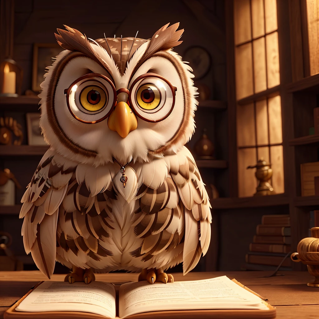 a detailed portrait of an owl wearing glasses, holding an open book, intricate feather textures, beautiful amber eyes, natural lighting, photorealistic, high resolution, detailed, cinematic, dramatic lighting, warm colors, studio lighting