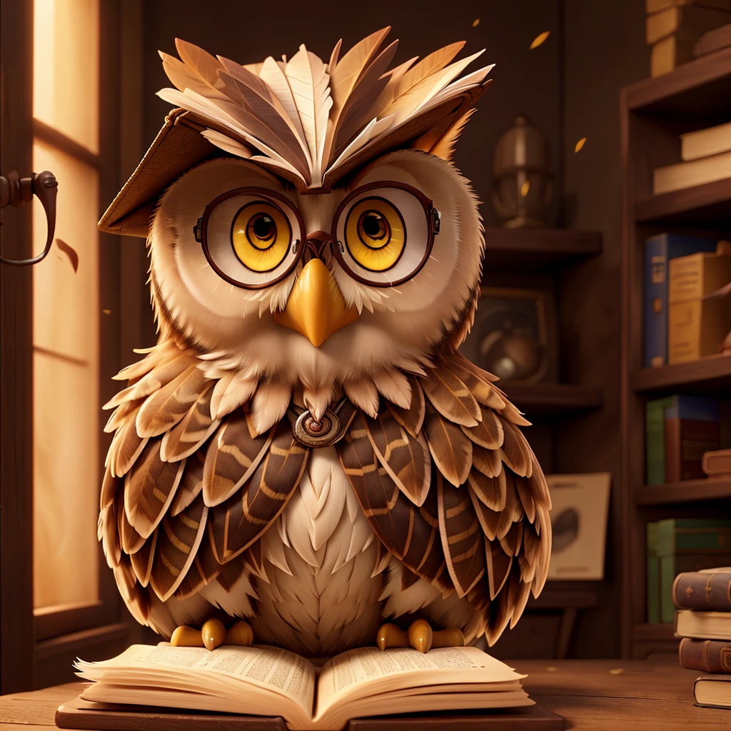 a detailed portrait of an owl wearing glasses, holding an open book, intricate feather textures, beautiful amber eyes, natural lighting, photorealistic, high resolution, detailed, cinematic, dramatic lighting, warm colors, studio lighting