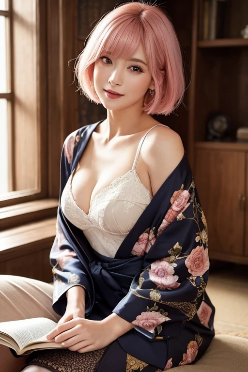 (Seductively Posing :1.3),"30-year-old woman, Highest quality, Realistic rendering, Sitting quietly in a room bathed in cinematic light. Her pink hair, Short bob bangs、It is tied in a knot at the back。, Frames her pale skinned face. With a seductive smile on the corner of her closed mouth, She is obsessed with expensive kimonos., Being completely engrossed in the pages of a book you are reading aloud. The intricate details of her outfit and the delicate folds of the fabric、傑作のHighest qualityの制作を明らかにしています。. The room around her was beautiful and hazy., Soft Shadows