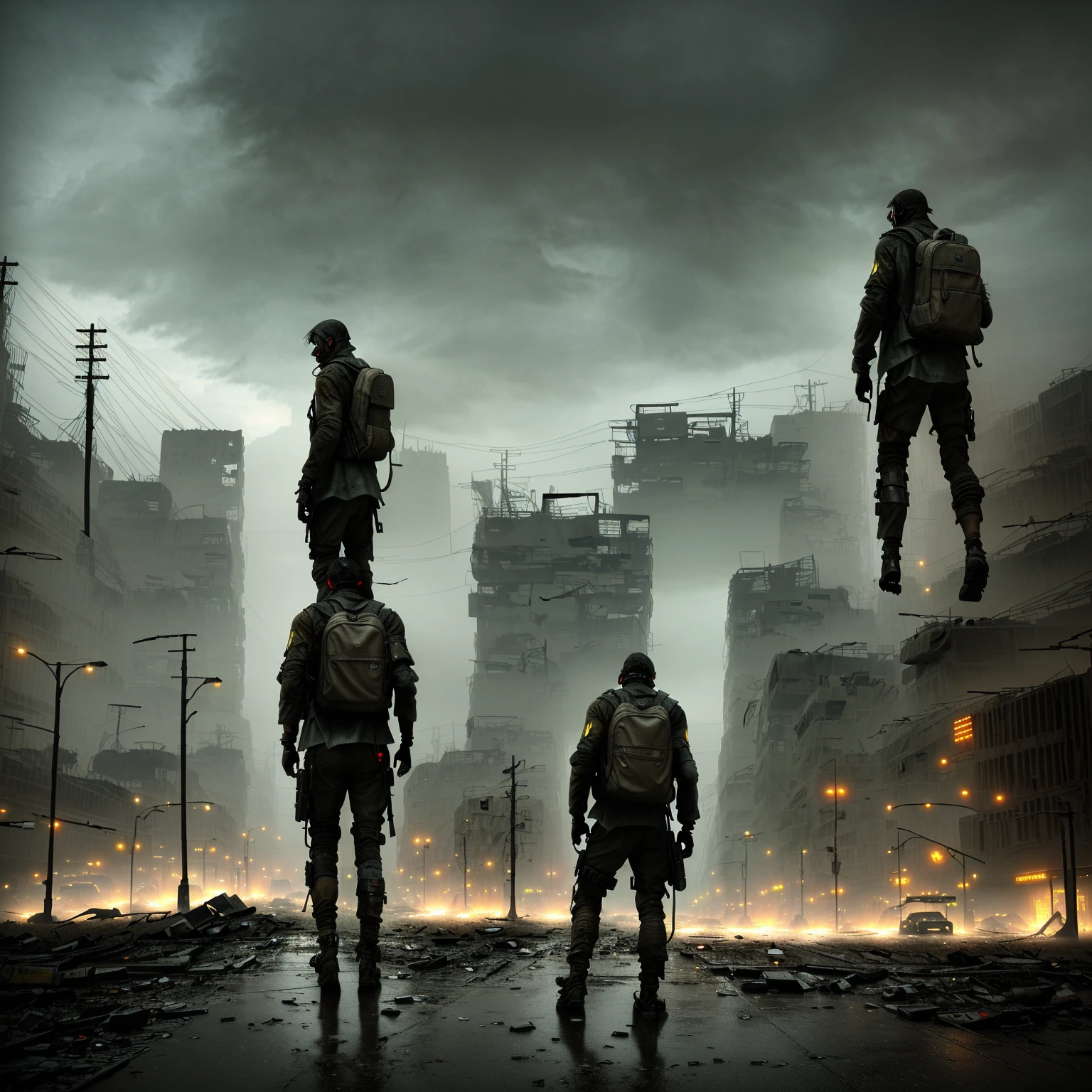 there is a man walking in the rain with a backpack, Dystopia digital concept art, in a post apocalyptic city, post-apocalyptic city, An abandoned dystopian city, Misty dystopian world, Cyberpunk apocalyptic city, apocalyptic future city, Dystopian Sci-Fi Apocalypse., post apocalyptic city, dark cinematic concept art, post-apocalyptic city streets, abandoned cyberpunk city, detailed and gritty atmospheric