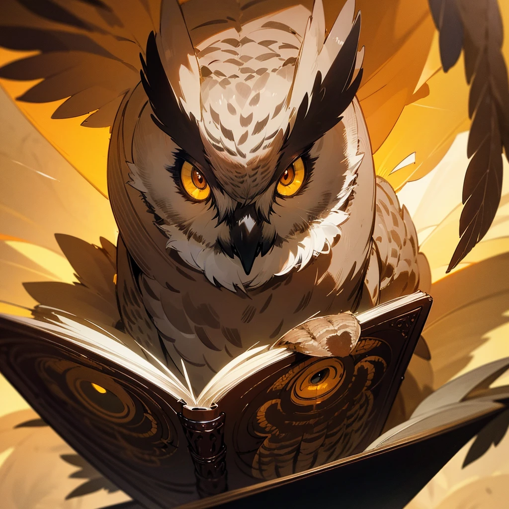a detailed portrait of an owl wearing glasses, holding an open book, intricate feather textures, beautiful amber eyes, natural lighting, photorealistic, high resolution, detailed, cinematic, dramatic lighting, warm colors, studio lighting