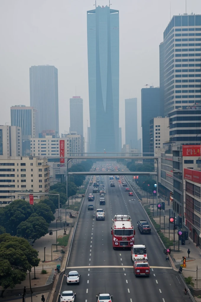 101-1 EXT. City Panic - Day - Lens：High angle view，A city covered in smog，Empty streets，Occasionally there are zombies stumbling around。
- subtitle：“A sudden virus，Putting humanity into an unprecedented crisis...&quot; - Continuous footage：Crows Flying，A police car and a fire truck roared past.，3 survivors flee。
Generate microscopic views