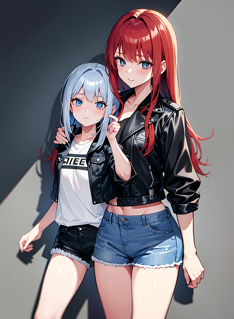 two girls, a young red-haired girl with blue eyes wearing a black leather jacket and a short white shirt with short blue denim shorts, with his daughter, a 7-year-old girl, gray hair., long hair, blue eyes white short shirt, strong blue jeans