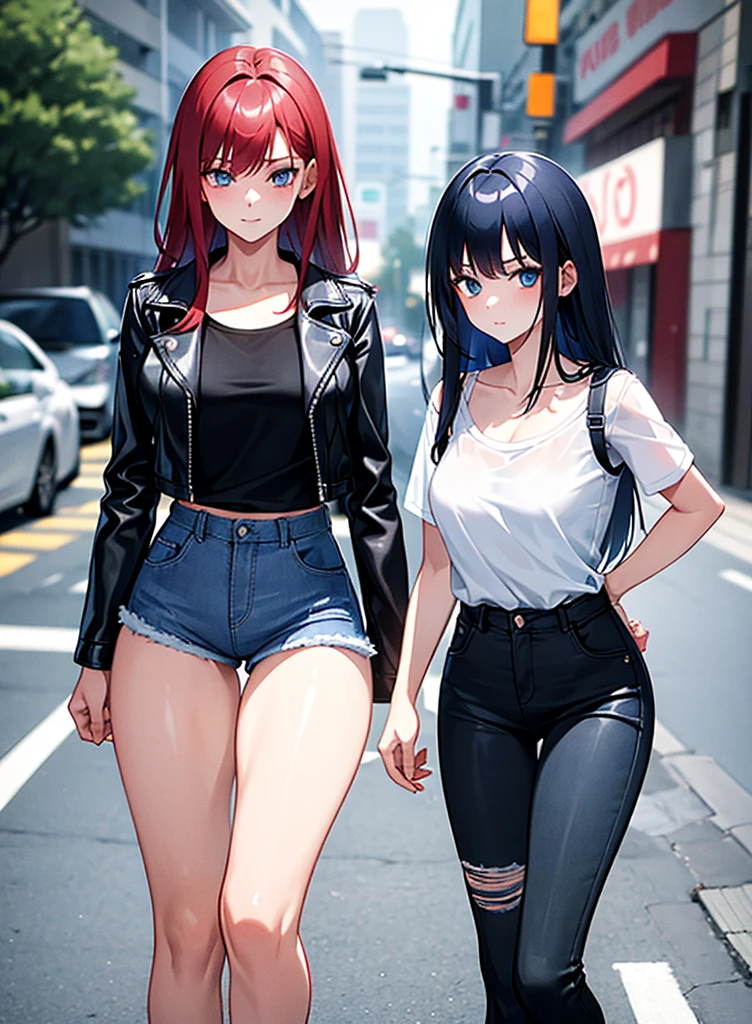 two girls, a young red-haired girl with blue eyes wearing a black leather jacket and a short white shirt with short blue denim shorts, with his daughter, a 7--old l, gray hair., long hair, blue eyes white short shirt, strong blue jeans