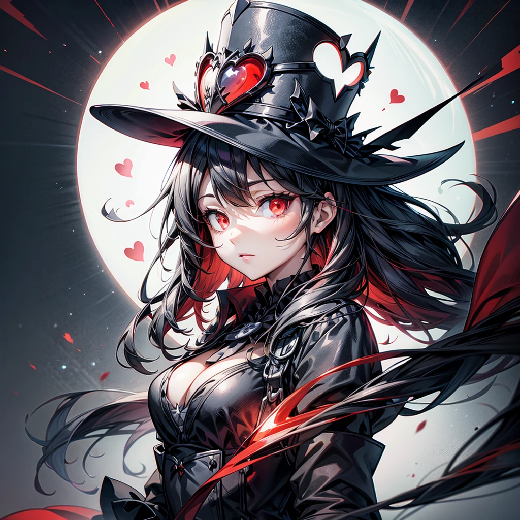 a close up of a person with a hat and a top hat, guys, anime cover, gothic harts, shadowverse style, from arknights, high detailed official artwork, black and white with red hearts, harley queen, nightcore, monochrome and red color bleed, light novel cover art, artbook artwork, artwork in the style of guweiz,A large distorted clock in the background、Anime Style、
