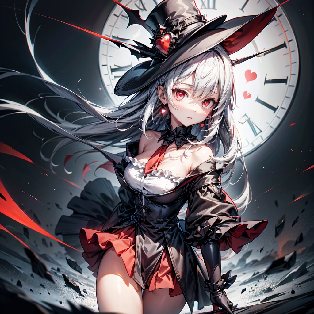 a close up of a person with a hat and a top hat, guys, anime cover, gothic harts, shadowverse style, from arknights, high detailed official artwork, black and white with red hearts, harley queen, nightcore, monochrome and red color bleed, light novel cover art, artbook artwork, artwork in the style of guweiz,A large distorted clock in the background、Anime Style、
