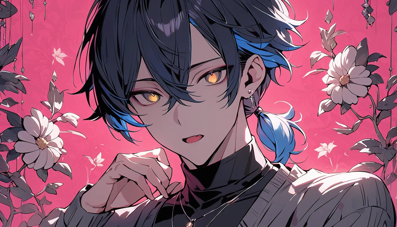 ((((best masterpiece, best quality, wallpaper,)))) solo, guy, male body, small muscles, flat chest, 1male, 30 years old, handsome man, dramatic angle, upper body, looking at viewers, beautiful detailed, staring blankly, mediumturquoise hair, ((((Lower short ponytail)))), asymmetrical bangs, ((short hair,)) ((( jitome, gold eyes, ^o^, tareme, droopy eyes,))) (((perfect face, extremely detailed eyes,))) perfect hands, sharp nose, clear face, black turtleneck, grey cardigan, ((silver piercing, pendant,)) leggings, pink background color ultrasharp, 8K, masterpiece,
