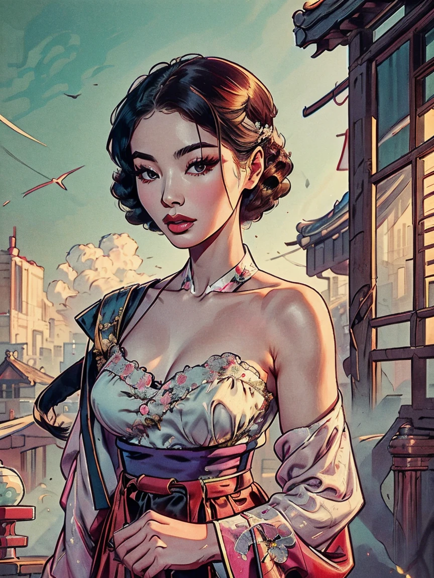 (masterpiece), (top quality), (beautiful and aesthetic), (1 woman), (1930s Korean woman), resembles Korean idol, highly detailed, shoulder exposed, chest exposed, traditional hanbok, upper body, portrait.