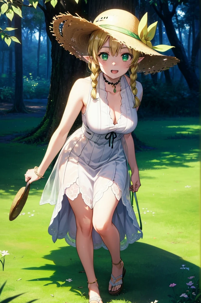 Suguhakirigaya, Suguhakirigaya, Long Hair,Blonde,Green Eyes,Pointy Ears,Short braids,,happy smile, smile, Open your mouth,Big Breasts,White straw hat,White sleeveless dress, bare arms,Green long skirt,Cute Sandals,Walking,Clear skies,whole bodyがイラストに入るように,
break outdoors, nature, forest,
break looking at viewer, whole body,
break (masterpiece:1.2), Highest quality, High resolution, unity 8k wallpaper, (shape:0.8), (Beautiful attention to detail:1.6), Highly detailed face, Perfect lighting, Extremely detailed CG, (Perfect hands, Perfect Anatomy),