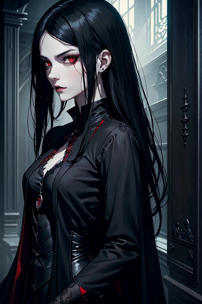 Woman with black hair and red eyes in black outfit, Vampire Girl, Dark, But detailed digital art, dark fantasy style art, Portrait of a vampire, androgynous vampire, Dark art style, style of charlie bowater, gothic horror vibes, tom bagshaw artstyle, gothic art style, dark fantasy portrait, neoartcore and charlie bowater