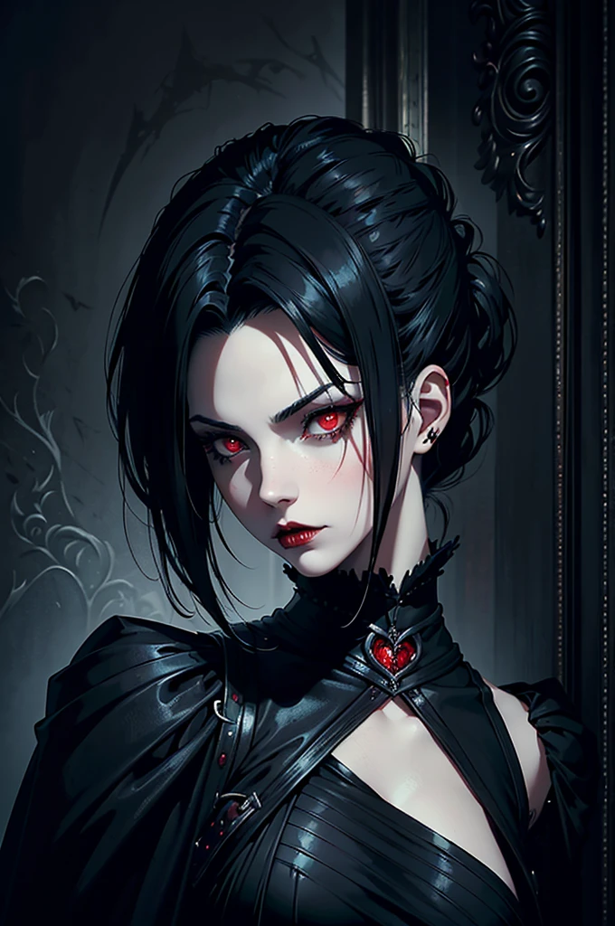 Woman with black hair and red eyes in black outfit, Vampire Girl, Dark, But detailed digital art, dark fantasy style art, Portrait of a vampire, androgynous vampire, Dark art style, style of charlie bowater, gothic horror vibes, tom bagshaw artstyle, gothic art style, dark fantasy portrait, neoartcore and charlie bowater