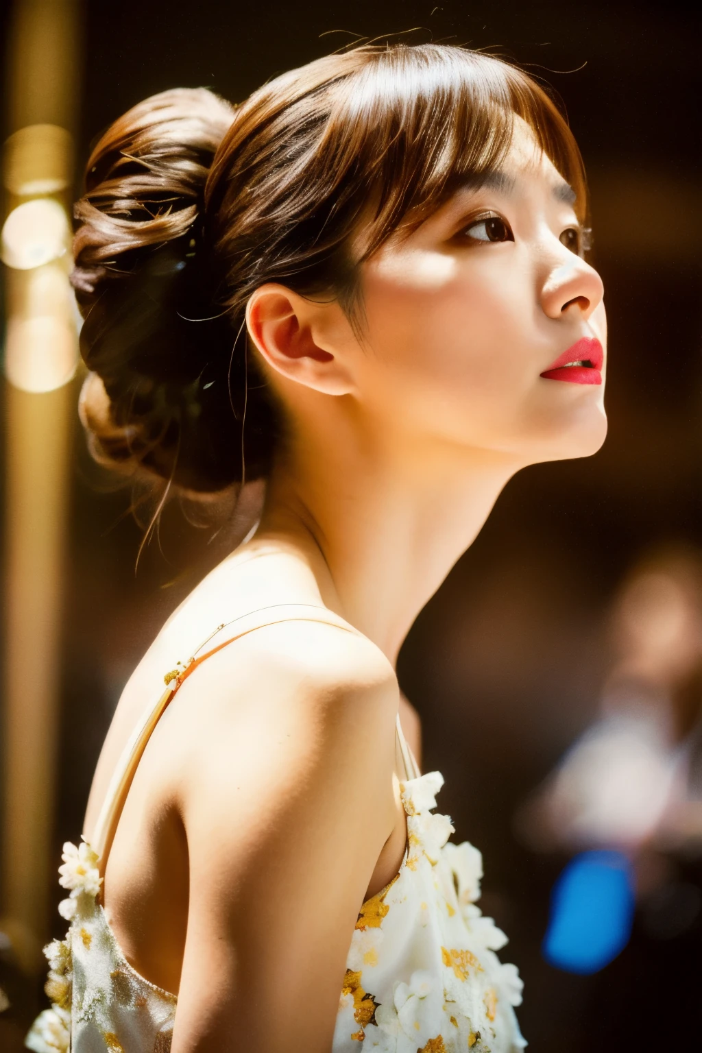 photoshoot by deborahWolf1, A skinny Japanese woman, (brown hair), (hair with elegant bun), cute face, detailed face, detailed eyes, detailed skin texture, (blush:0.2), (goosebumps:0.3), (White floral dress), underground scattering, Photorealistic, Hyperrealistic, hyperdetailed, analog style , tilted hip, demure, detailed skin, matte skin, soft lighting, subterranean scattering, realistic, heavy shadow, artwork, Best quality, ultra realistic, 8k, golden ratio, intricate, high detail, film photography, soft focus, stem, (({full|upper} body photo))