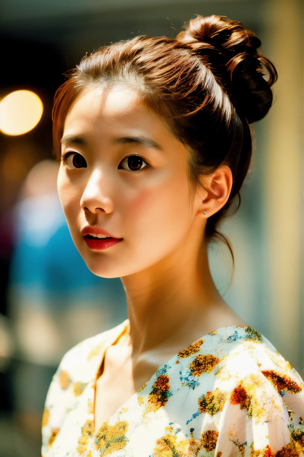 photoshoot by deborahWolf1, A skinny Japanese woman, (brown hair), (hair with elegant bun), cute face, detailed face, detailed eyes, detailed skin texture, (blush:0.2), (goosebumps:0.3), (White floral dress), underground scattering, Photorealistic, Hyperrealistic, hyperdetailed, analog style , tilted hip, demure, detailed skin, matte skin, soft lighting, subterranean scattering, realistic, heavy shadow, artwork, Best quality, ultra realistic, 8k, golden ratio, intricate, high detail, film photography, soft focus, stem, (({full|upper} body photo))