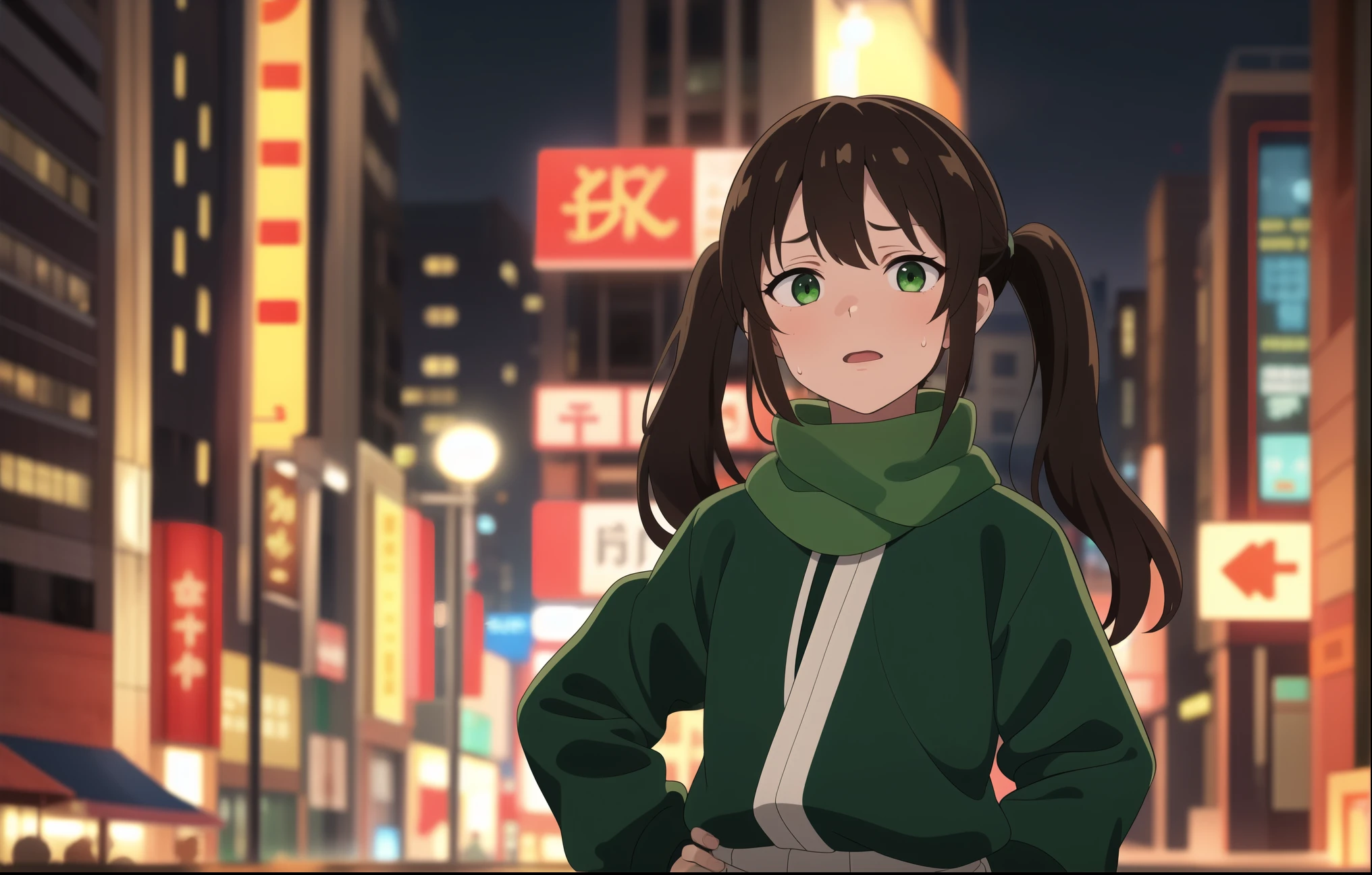 8K, best quality, masterpiece, (ultra-detailed:1.1), (high detailed skin),white background, standing, looking at viewer, 独奏, hand on hip,
fll, twintails, 1girl,Brown single ponytail,Green eyes,little girl,Short height,Open your mouth,Dark green windbreaker,Flowing scarf,avatar,Startled,Open your mouth,Sweating,City night scene,Street Lights,blur background,((Brown hair))
Beautiful lighting,Character edge light and shadow,Super photography,Superb atmosphere
( good hands, nice hands:0.5),
(beautiful_face), ((intricate_detail)), clear face,
((finely_detailed)), fine_fabric_emphasis,