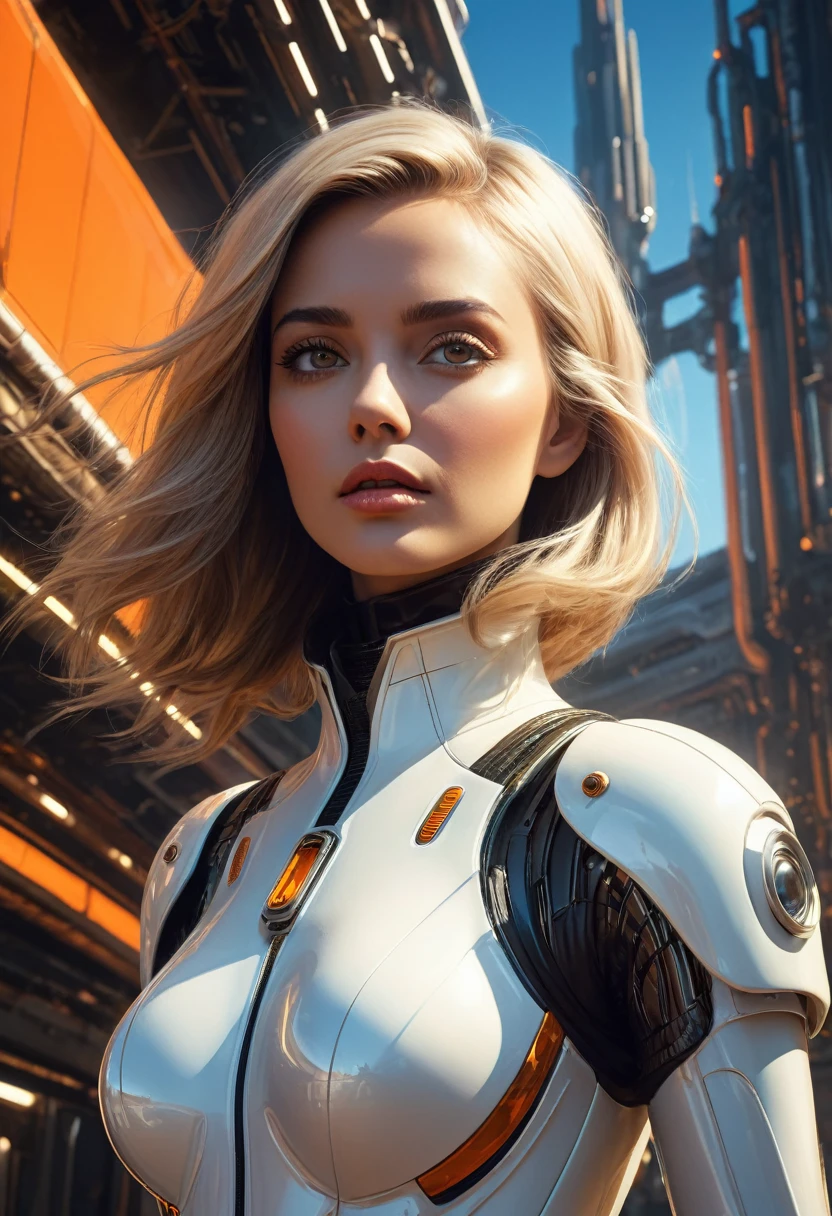 High Quality 16:9 images: Portrait of an attractive Caucasian woman, Looks like a futuristic android, in a Smooth white spacesuit against a bRight oRange backgRound, Reminiscent of 60s and 70s retrofuturism and pin-up art. The protagonist of this fascinating story is、Standing against the backdrop of towering megastructures、A woman peering into the endless universe。. This product embodies the essence of an astronaut with artificial intelligence., Thanks to careful study of every detail, From the perfectly designed teeth to the incredibly realistic texture of the suit. Her pupils are dilated, Surreal, Very detailed, In the background is a fantastical sci-fi landscape of a futuristic space station., Highest quality, masterpiece, 16K, (HDR: 1.4), High Contrast, Bokeh: 1.2, Lens flare, (Bright colors: 1.4), (Calm colors, Soft colors, Calm tone:0), Cinema Lighting, Ambient Lighting, Side lighting, Exquisite detail and texture, Cinematic shots, Warm tones, Wide Shot, by play eye, Ultra-realistic illustrations, Natural Sienna Color Ratio, Anime Style,, Shadow, canvas, Oil, Smooth, Ultra-high resolution, 8K, Unreal Engine 5, Ultra-sharp focus, Art from Artgerm, Roysh, fiction, complex aRtistic masterpiece, an ominous, Matte painted movie posters, Golden Ratio, Trending on CGSociety, Complex, amazing, Trending on Art Station, ARtgeRmの著者, H. R. Giger and Beksinski, Very detailed, Vivid, Staged cinematic representation of characters, Super high quality model, close, Super detailed, Art Station Trends, Clear focus, Studio Photo, Complex詳細, High detail, GReg Rutkowski,Realistic