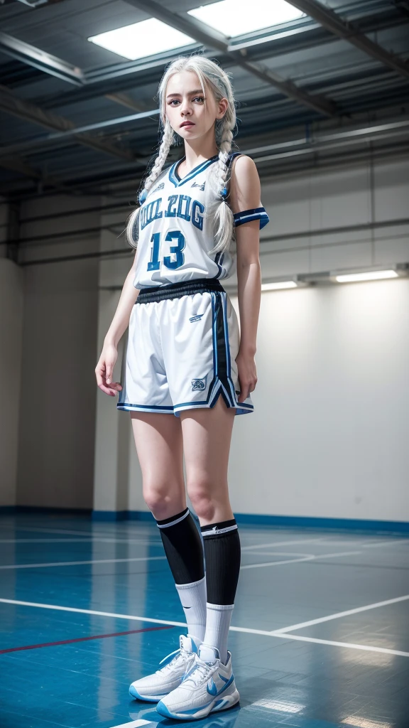 Female teenager with white hair with braids, White skin, light blue eyes with black basketball uniform full body 