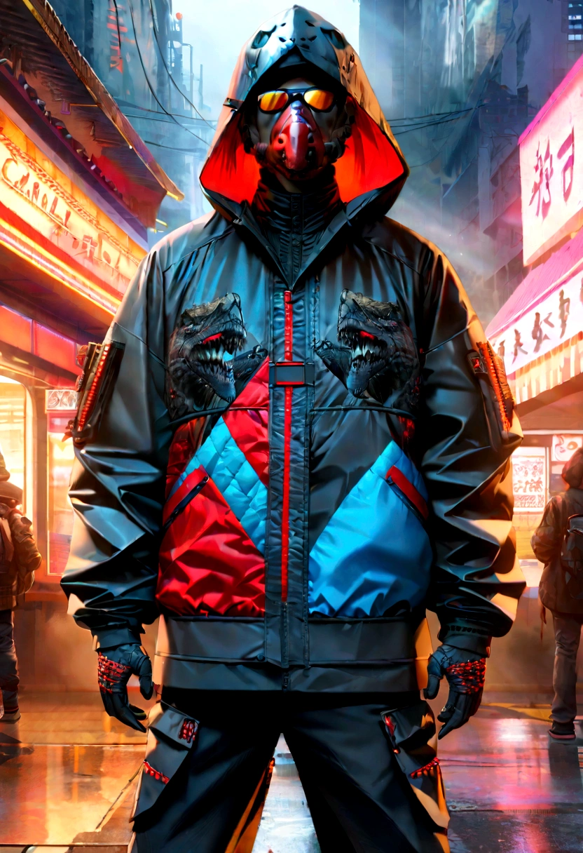 Alavid image of a human T-rex in a raincoat and pants, highly detailed kimono, stylish coat for a rave, clothing concept, trigger anime artstyle, wearing japanese techwear, hyperreal rendering, techwear look and clothes, digital art render, realistically rendered clothing, cyberpunk streetwear, inspired by Russell Dongjun Lu, Carnival coat