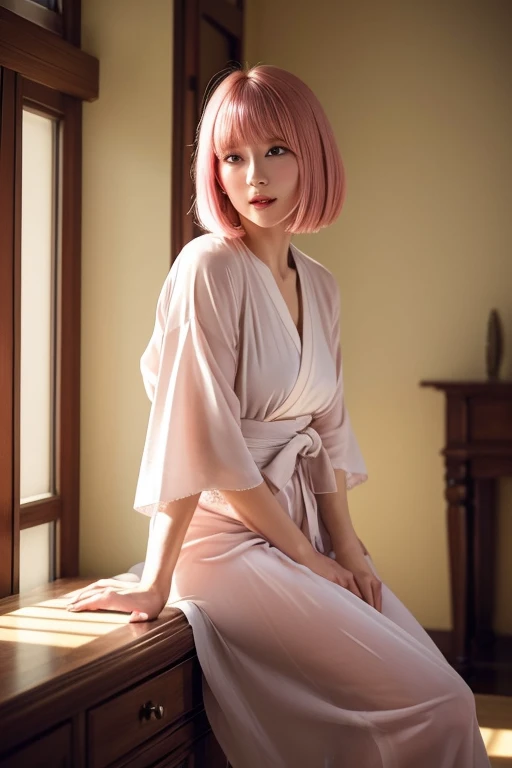 Girl with blonde hair and porcelain skin, wearing a pink and purple kimono made of silk and very beautiful