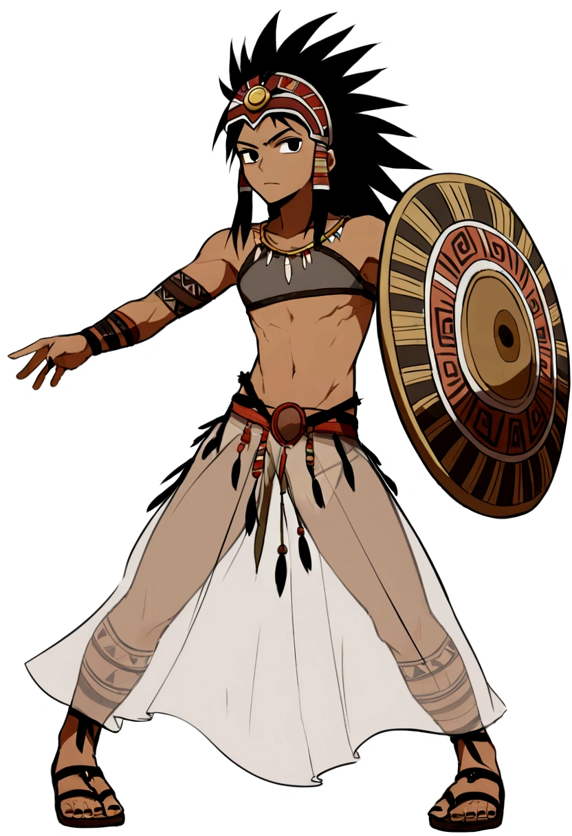 higrres 1 boy, joung boy, , all lefth arm aztec tatto, solo, bare soulders, full body, nails, black eyes, black hair, aztec weapon, leather sandals, long hair, looking at viewe, male focus, tattoo, aztec shield, aztec, tribal warrior, tribal armor, dark-skin, mask, (( full helmet)), standing, war cry, exprexion, jaguar skin, hig resolution kunoichi tsubaki style, white background simple background,