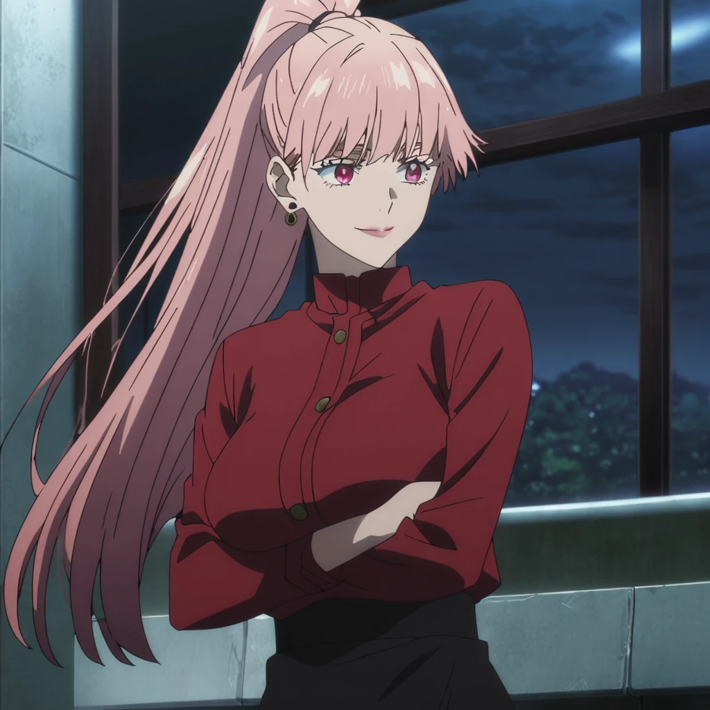 1girl, female gojo satoru, anime screencap from jujutsu kaisen, gojo satoru female version, solo, long_hair, Red eyes ((Red_hair)), night view, (hanging breasts) upper_body, smile, indoors, book, red_eyes, lips, (high ponytail) ((wearing red shirt and black colour pencil skirt )) breast, "very detailed and high resolution" (Red eyes) (cross arms) ((long hair)) ((solo)) (front view) (earings) ((high resolution)) ((good quality)) ((side bangs))