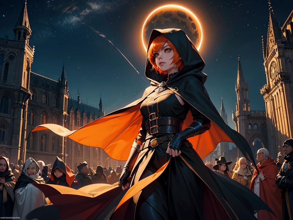 A female character with short orange hair wearing a flowing cape and crowd dressed in cape and hood, night sky, Eclipse, 8k, Magnificent, adulto, armadura detalhada, Magnificent, lo gothic, Cidade medieval dourado preto, fluttering cover, entardecer, armadura negra,