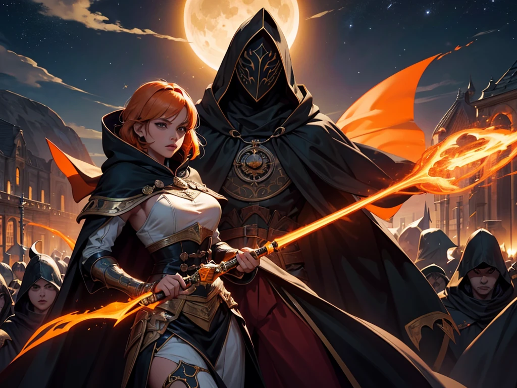 A female character with short orange hair wearing a flowing cape and crowd dressed in cape and hood, night sky, Eclipse, 8k, Magnificent, adulto, armadura detalhada, Magnificent, lo gothic, Cidade medieval dourado preto, fluttering cover, entardecer, armadura negra,