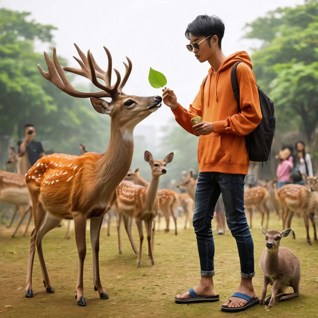 Realistic photo, looks like a 27 year old Indonesian man, thin body, very short hair, wearing an orange hoodie, wearing sunglasses, wearing long black jeans, wearing blue flip-flops,It looks like he is feeding the deer with a leaf , looks different. various kinds of animals, you can see people walking around, like during the day at the zoo 