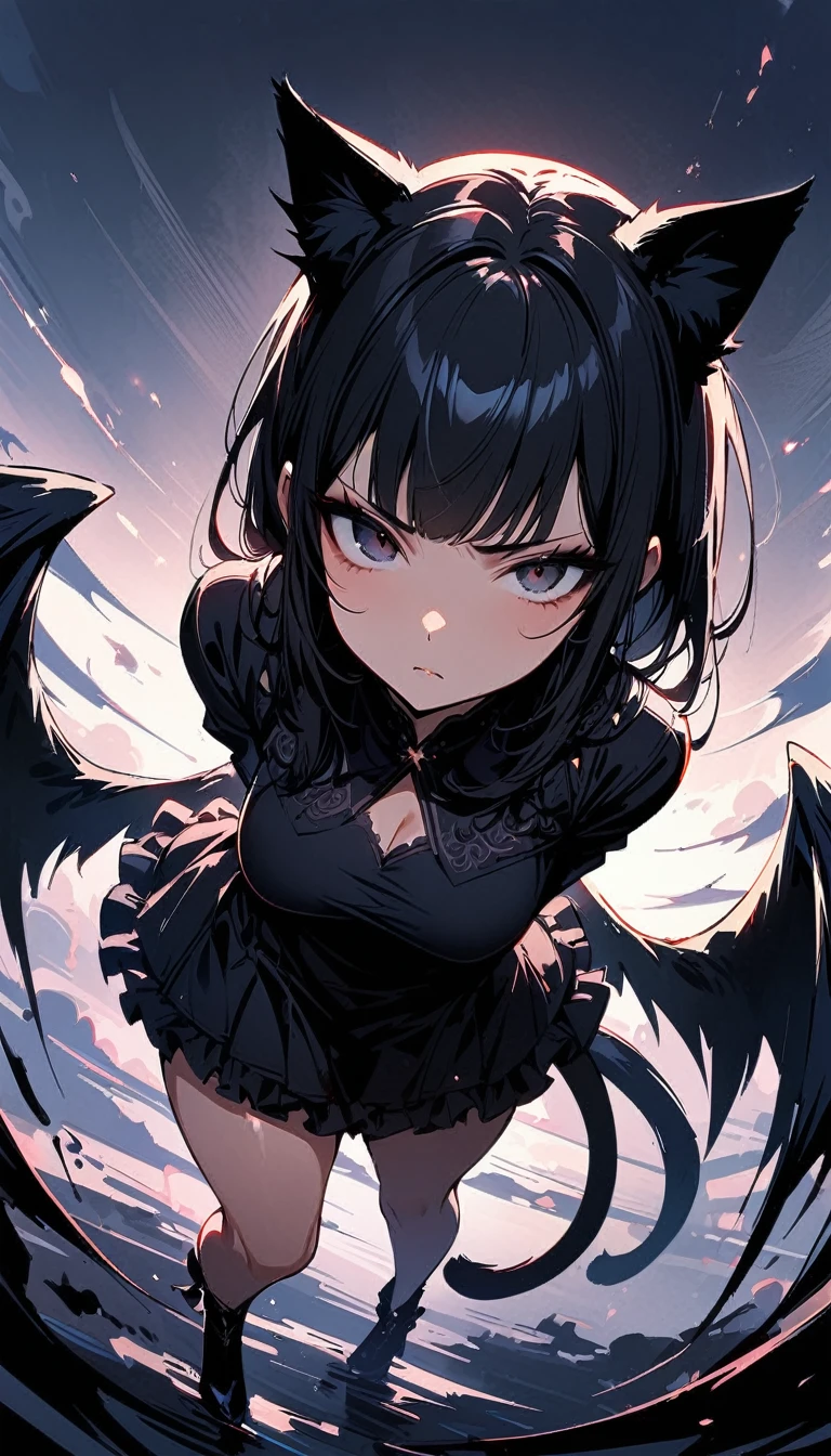 (high quality, 8k, 4K, high contrast, artwork:1.2, high quality, best aesthetics), (dynamic angle), ((1 woman)), erotic, sensual, mature body, super detailed, beautiful face detailed, beautiful eyes detailed, detailed beautiful mouth, perfect breasts, wide thighs, sexy body, (long straight black hair), (black eyes), (black lipstick), (black eyeliner), (black eyeshadow), (serious expression), (penetrating gaze), (black angel wings), (black cat ears), (black cat tail), (short black dress with short ruffled skirt and long sleeves), (centered), (looking at viewer), (standing), (inside a bedroom).