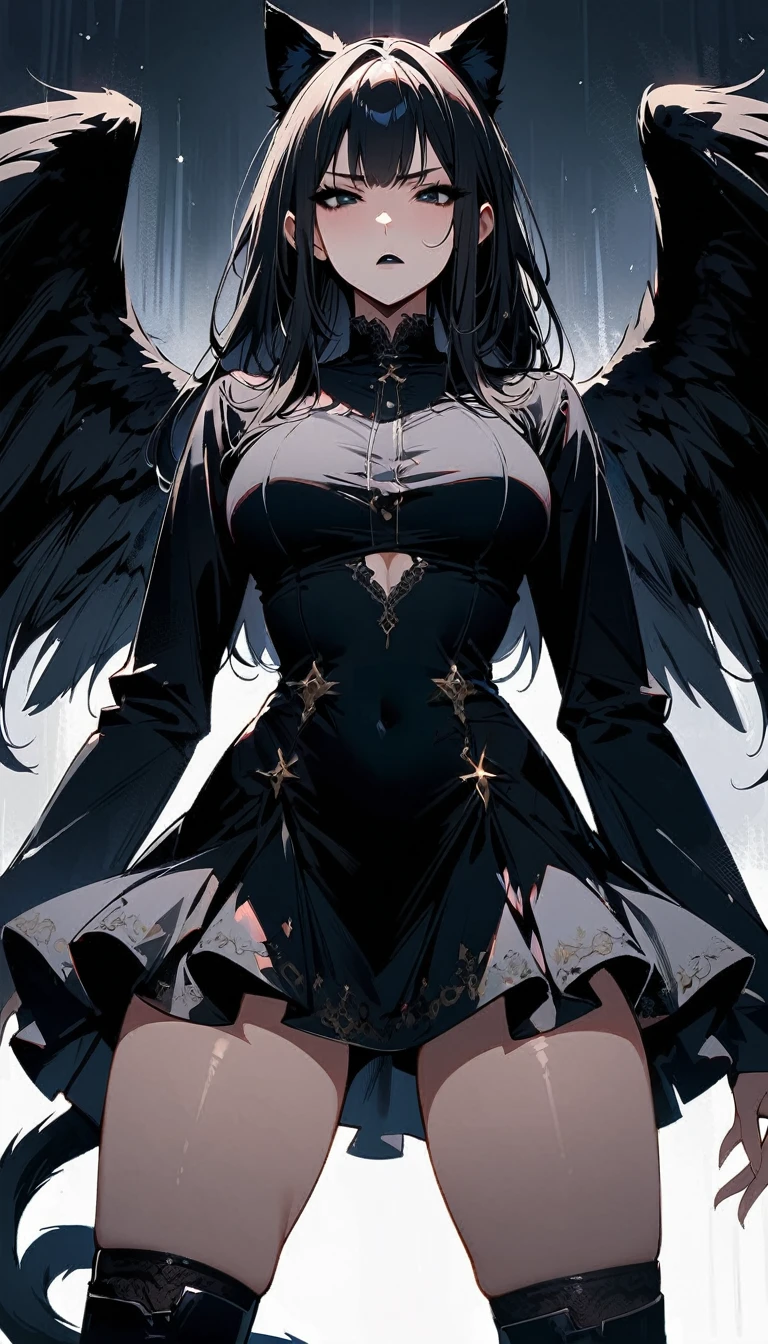 (high quality, 8k, 4K, high contrast, artwork:1.2, high quality, best aesthetics), (dynamic angle), ((1 woman)), erotic, sensual, mature body, super detailed, beautiful face detailed, beautiful eyes detailed, detailed beautiful mouth, perfect breasts, wide thighs, sexy body, (long straight black hair), (black eyes), (black lipstick), (black eyeliner), (black eyeshadow), (serious expression), (penetrating gaze), (black angel wings), (black cat ears), (black cat tail), (short black dress with short ruffled skirt and long sleeves), (centered), (looking at viewer), (standing)
