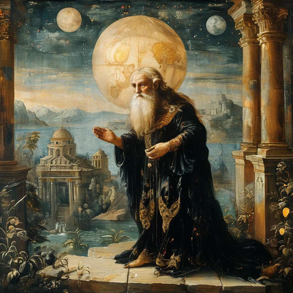 Hermes Trismegistus in black fur and magician costumes in ancient Atlantis, golden kingdoms scene, astrological divinations, hermeism, elements of astrology, ​masterpiece, cosmic and transcendent vibe, inspired by the works of leonado da vinci, oil painting, picture painting, renaissance painting, baroque art
