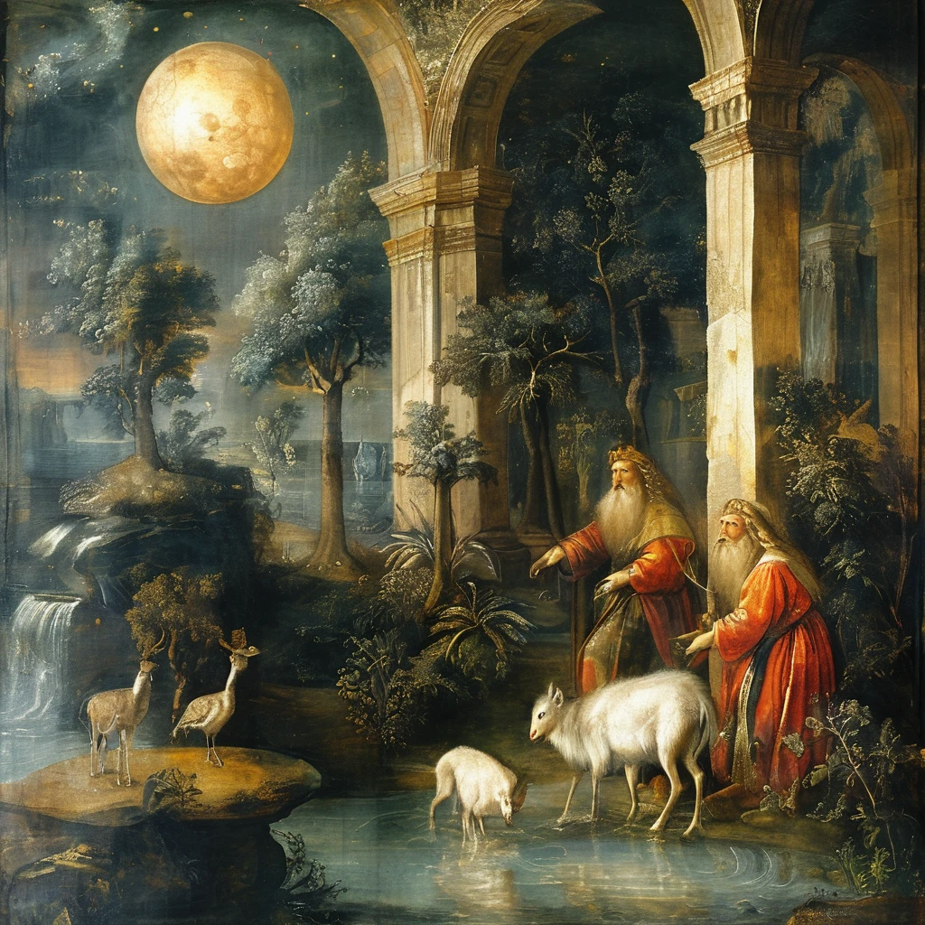 Hermes Trismegistus in black fur and magician costumes in ancient Atlantis, golden kingdoms scene, astrological divinations, hermeism, elements of astrology, ​masterpiece, cosmic and transcendent vibe, inspired by the works of leonado da vinci, oil painting, picture painting, renaissance painting, baroque art
