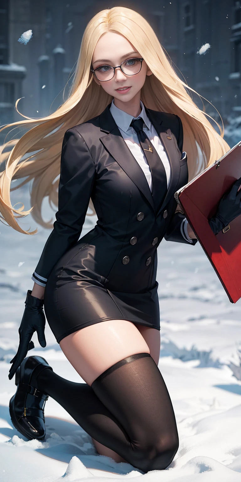 masterpiece, best quality, blonde hair, sfKolin, glasses, black shiny skirt suit (((three-piece suit))) necktie, blazer, suit jacket, waistcoat, bodycon skirt, snow, grey sky, black gloves, holding clipboard, smiling, looking at viewer, kneeling