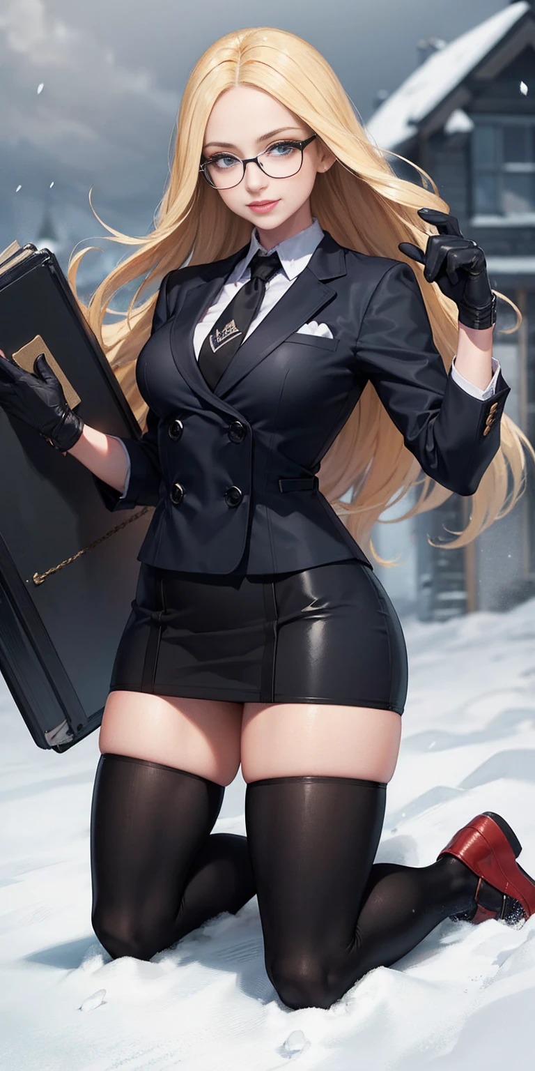 masterpiece, best quality, blonde hair, sfKolin, glasses, black shiny skirt suit (((three-piece suit))) necktie, blazer, suit jacket, waistcoat, bodycon skirt, snow, grey sky, black gloves, holding clipboard, smiling, looking at viewer, kneeling