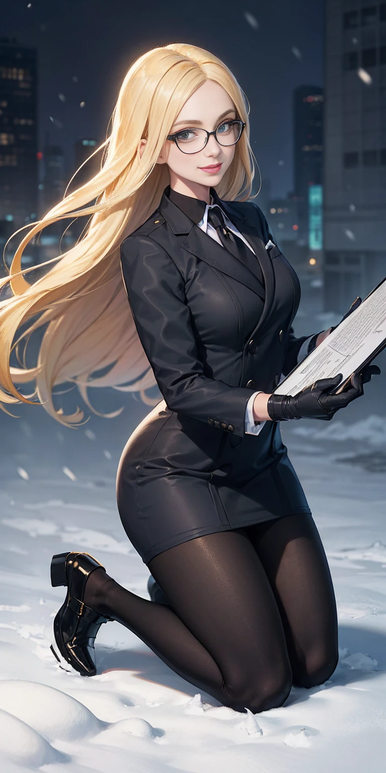 masterpiece, best quality, blonde hair, sfKolin, glasses, black shiny skirt suit (((three-piece suit))) necktie, blazer, suit jacket, waistcoat, bodycon skirt, snow, grey sky, black gloves, holding clipboard, smiling, looking at viewer, kneeling