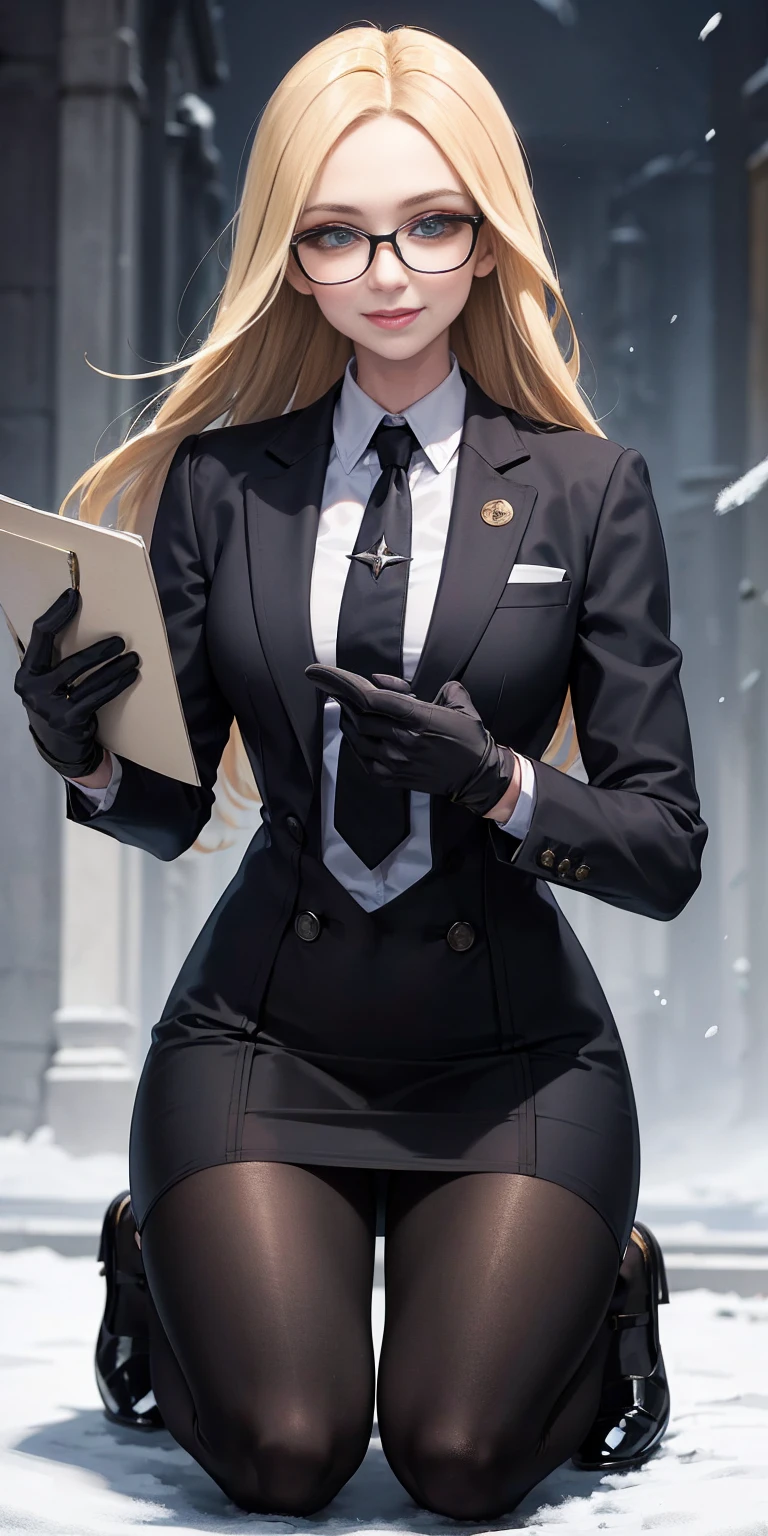 masterpiece, best quality, blonde hair, sfKolin, glasses, black shiny skirt suit (((three-piece suit))) necktie, blazer, suit jacket, waistcoat, bodycon skirt, snow, grey sky, black gloves, holding clipboard, smiling, looking at viewer, kneeling