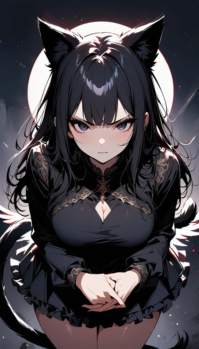 (high quality, 8k, 4K, high contrast, artwork:1.2, high quality, best aesthetics), (dynamic angle), ((1 woman)), erotic, sensual, mature body, super detailed, beautiful face detailed, beautiful eyes detailed, detailed beautiful mouth, perfect breasts, wide thighs, sexy body, (long straight black hair), (black eyes), (black lipstick), (black eyeliner), (black eyeshadow), (serious expression), (penetrating gaze), (black angel wings), (black cat ears), (black cat tail), (short black dress with short ruffled skirt and long sleeves), (centered), (looking at viewer), (standing)