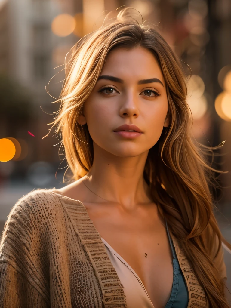 a stunning European woman. Age 23.standing on the street in golden hour backlighting, close-up portrait, warm color palette, natural light, cinematic photography, realistic, (best quality,4k,8k,highres,masterpiece:1.2),ultra-detailed,(realistic,photorealistic,photo-realistic:1.37),HDR,UHD,studio lighting,ultra-fine painting,sharp focus,physically-based rendering,extreme detail description,professional,vivid colors,bokeh,portraits