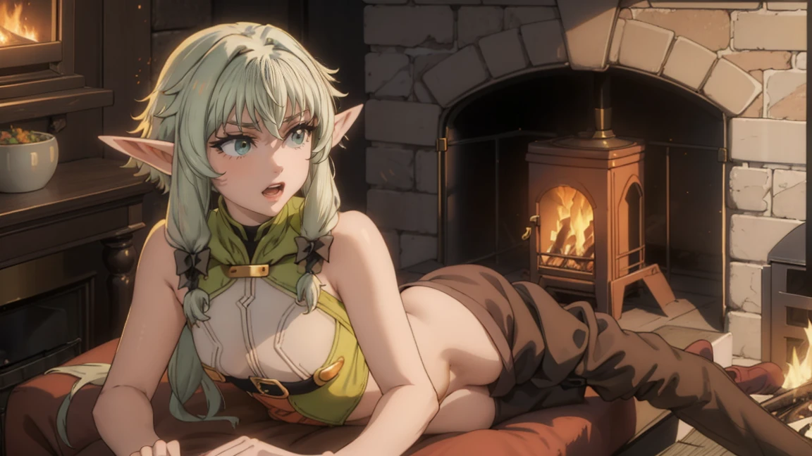 1 girl,20 years, Portrait of a girl, face accent, One,happy face, nature, night, the forest, erotica, nude, has sex, naked, Beautiful elastic breasts, naked грудь, naked, archery, holding a bow and arrow in his hands, green cloak and hood, elf archer from Goblin Slayer, White hair, sexy figure, very beautiful, erotica, long hair,yellow eyes,Elf Ears, black small horns,white tights,Detailed long boots,golden tiara,Luxurious gold jewelry,(((lying by the fire))) nature, open field, night,