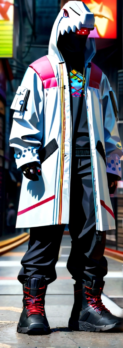 Alavid image of a T-rex in a raincoat and pants, highly detailed kimono, stylish coat for a rave, clothing concept, trigger anime artstyle, wearing japanese techwear, hyperreal rendering, techwear look and clothes, digital art render, realistically rendered clothing, cyberpunk streetwear, inspired by Russell Dongjun Lu, Carnival coat