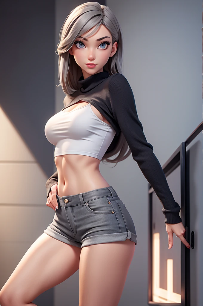diy4,Highest quality, ultra-high definition, masterpieces, 8k, realistic, anime styled, 3d render,(best quality:1.2), 1girl, standing_split, long black hair, white turtleneck sweater, sports shorts, pantyhose, beautiful detailed eyes, beautiful detailed lips, extremely detailed eyes and face, long eyelashes, vivid colors, professional, ultra-detailed, realistic, studio lighting, physically-based rendering