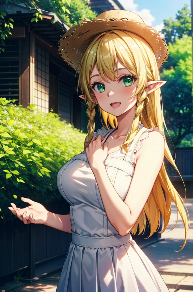 Suguhakirigaya, Suguhakirigaya, Long Hair,Blonde,Green Eyes,Pointy Ears,Short braids,,happy smile, smile, Open your mouth,Big Breasts,White straw hat,White sleeveless dress, bare arms,Green long skirt,Cute Sandals,Are standing,Clear skies,whole bodyがイラストに入るように,
break outdoors, nature, forest, 
break looking at viewer, whole body,
break (masterpiece:1.2), Highest quality, High resolution, unity 8k wallpaper, (shape:0.8), (Beautiful attention to detail:1.6), Highly detailed face, Perfect lighting, Extremely detailed CG, (Perfect hands, Perfect Anatomy),