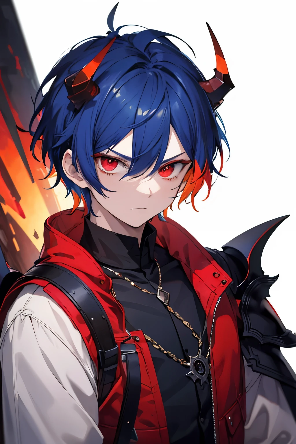 Masterpiece, detailed, Best Quality , alone 1 chico, masculine , red hair and blue hair , multicolor fur , 18 years, YOUNG, high , demonic armor , demonic horns , dragon , short medium hair , serious expression , pointed ears , Red eye , Red eye , orange eye , multicolored eye