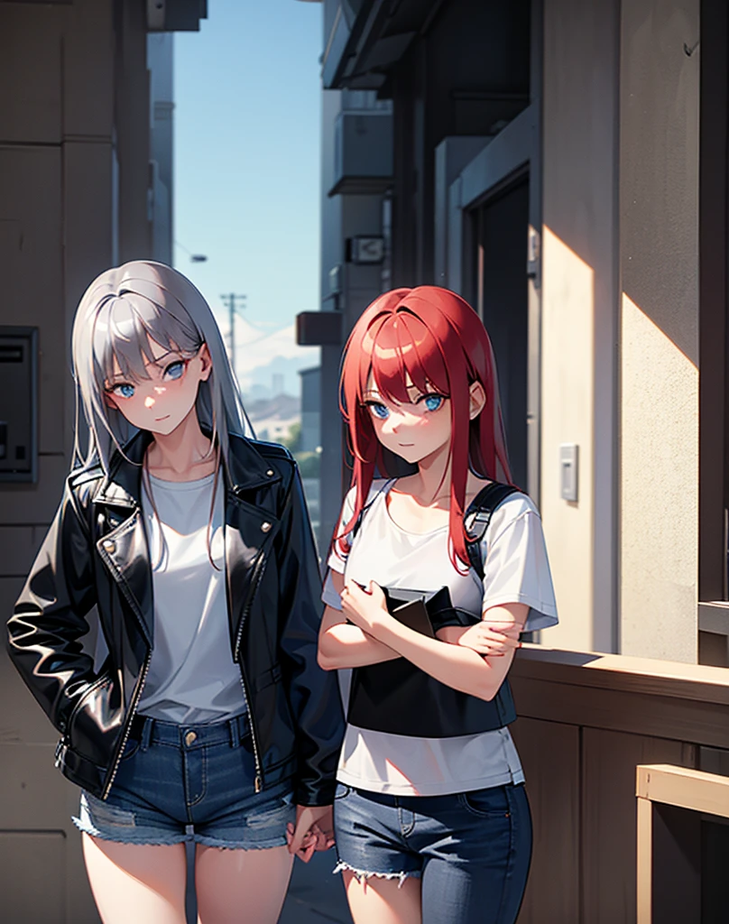 two girls, a young red-haired girl with blue eyes wearing a black leather jacket and a short white shirt with short blue denim shorts, with his 7 year old daughter, Little girl de 7 años, , Grey hair, long hair, blue eyes white short shirt, strong blue jeans