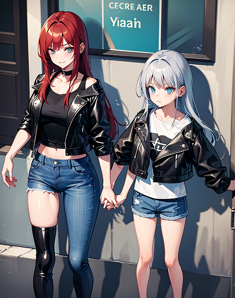 two girls, a young red-haired girl with blue eyes wearing a black leather jacket and a short white shirt with short blue denim shorts, with his 7  daughter, Little g 7 años, , Grey hair, long hair, blue eyes white short shirt, strong blue jeans