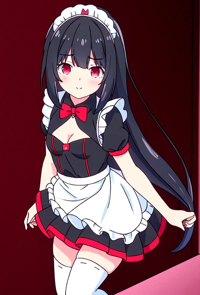 High quality 8k beautiful masterpiece perfect anatomy 1 girl black hair red eyes in black maid uniform short skirt with white stockings and white in red details small breasts in room neon lights