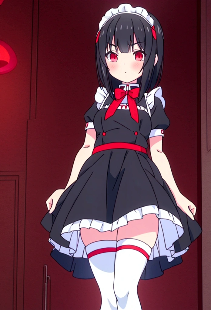 High quality 8k beautiful masterpiece perfect anatomy 1 girl black hair red eyes in black maid uniform short skirt with white stockings and white in red details small breasts in room neon lights 