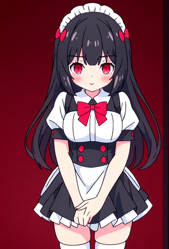 High quality 8k beautiful masterpiece perfect anatomy 1 girl black hair red eyes in black maid uniform short skirt with white stockings and white in red details small breasts in room neon lights