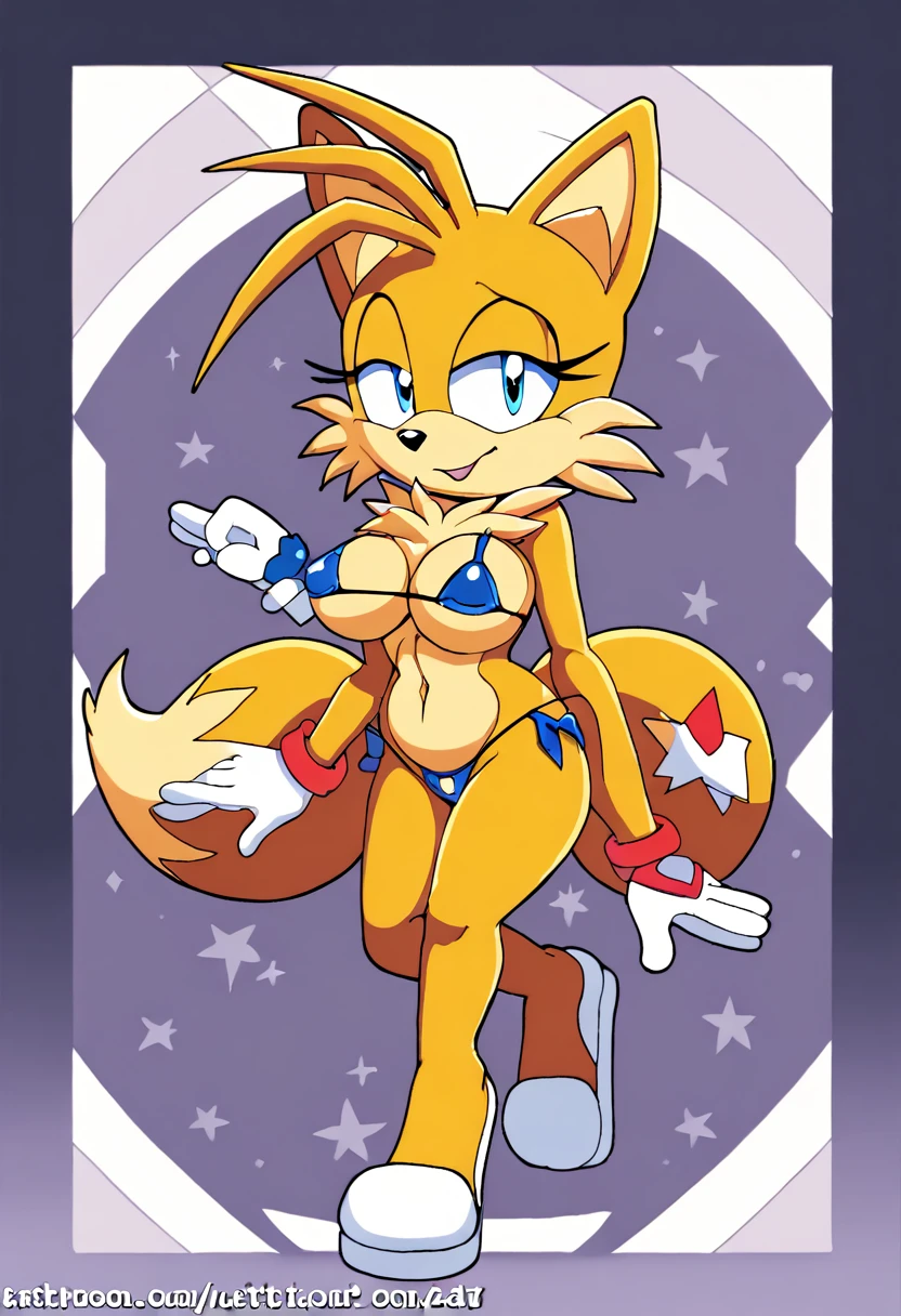 ((masterpiece)), high quality, (miles prower style) ((2d, 2d art)), ((sharp, expressive eyes)), (detailed colors, detailed shading, (soft lighting)), female tails, nude, large breasts, (( yellow fur)), smiling, chest tuft, 2 tails, tails the fox, tiny bikini, 