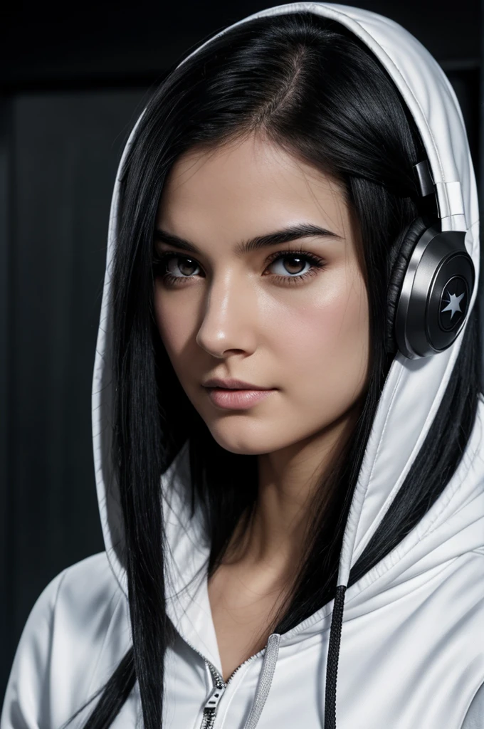 Marvel comic panel, pale white girl with long straight black hair, no bangs, black eyes with a slight shine, small dark circles under her eyes, soft and marked facial features, black suit with spider webs with a hood, silver piercings in the ears, headphones