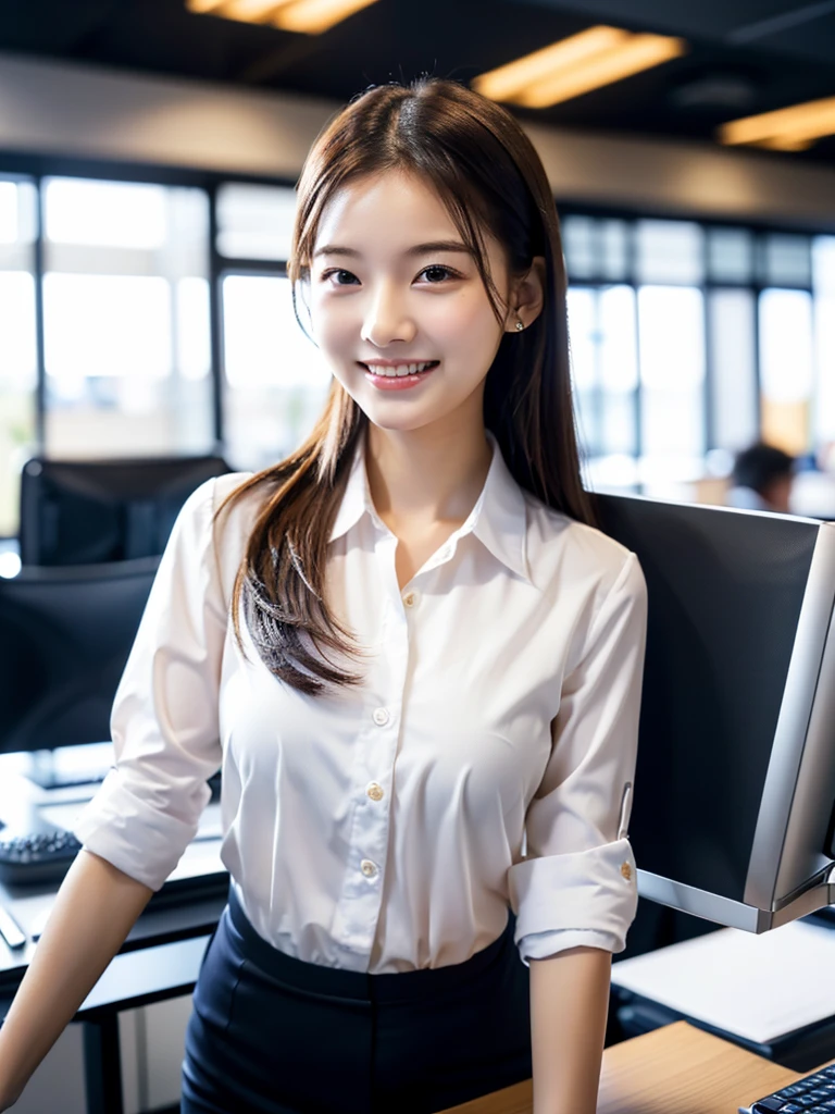 masterpiece、超High resolution、She is very cute and young like an idol...々Cute 18 year old business woman、Gentle and cute、A kind smile、Medium Bust、(Office with business desk in building)、((Having a conversation in the office with a male employee wearing a women's bikini)). whole body、RAW Photos、Genuine、High resolution、Live Action